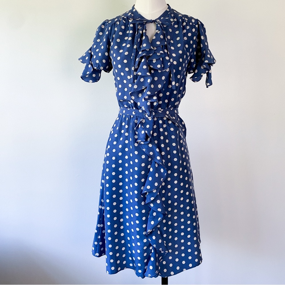 ANTHROPOLOGIE Lil Blue Polka Dot
Hailstones Silk Ruffle Trim Belted Dress